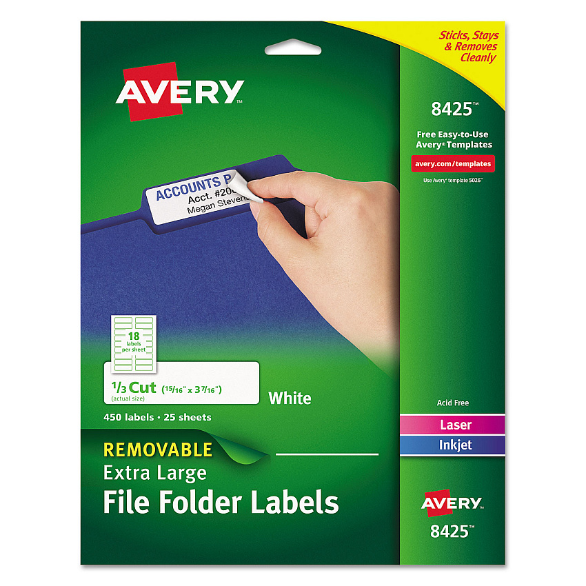Avery Removable File Folder Labels with Sure Feed Technology, 0.94 x 3.44, White, 18/Sheet, 25 Sheets/Pack (8425)