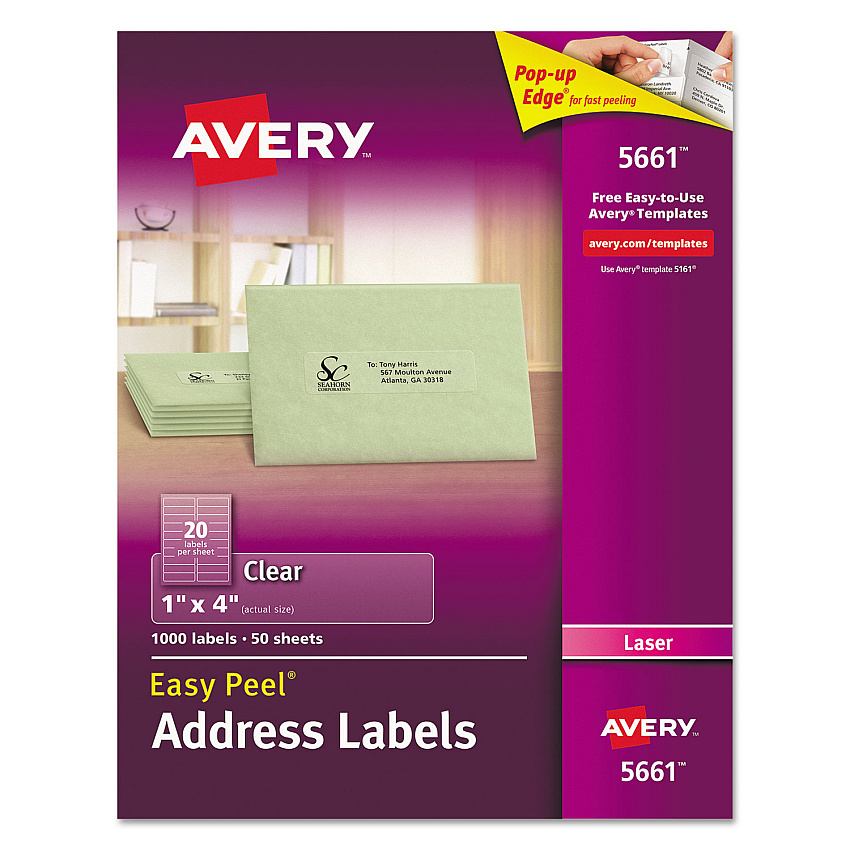 Avery Matte Clear Easy Peel Mailing Labels w/ Sure Feed Technology, Laser Printers, 1 x 4, Clear, 20/Sheet, 50 Sheets/Box (5661)