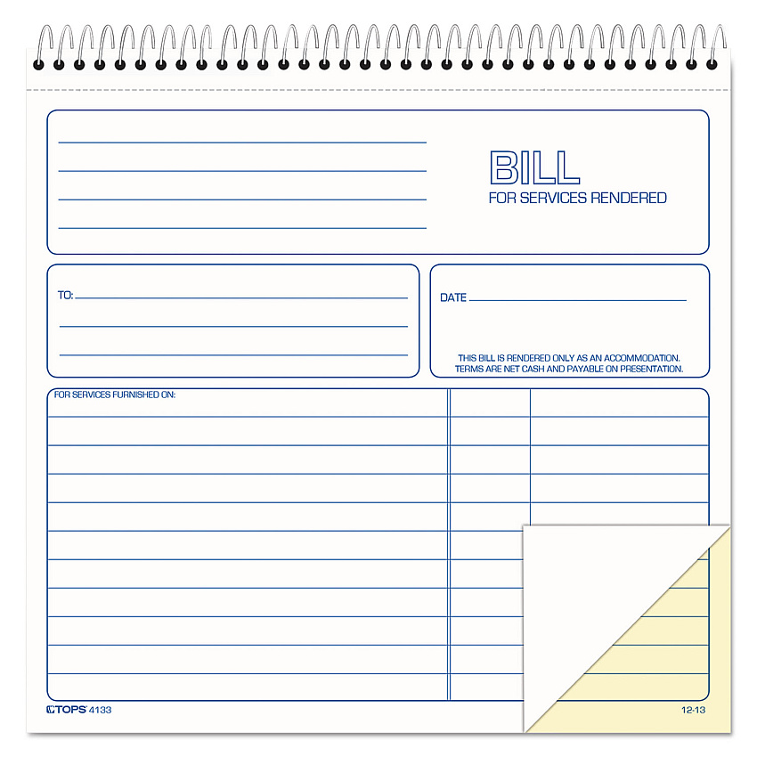 TOPS Bill for Services Rendered Book, Two-Part Carbonless, 8.5 x 7.75, 50 Forms Total (4133)
