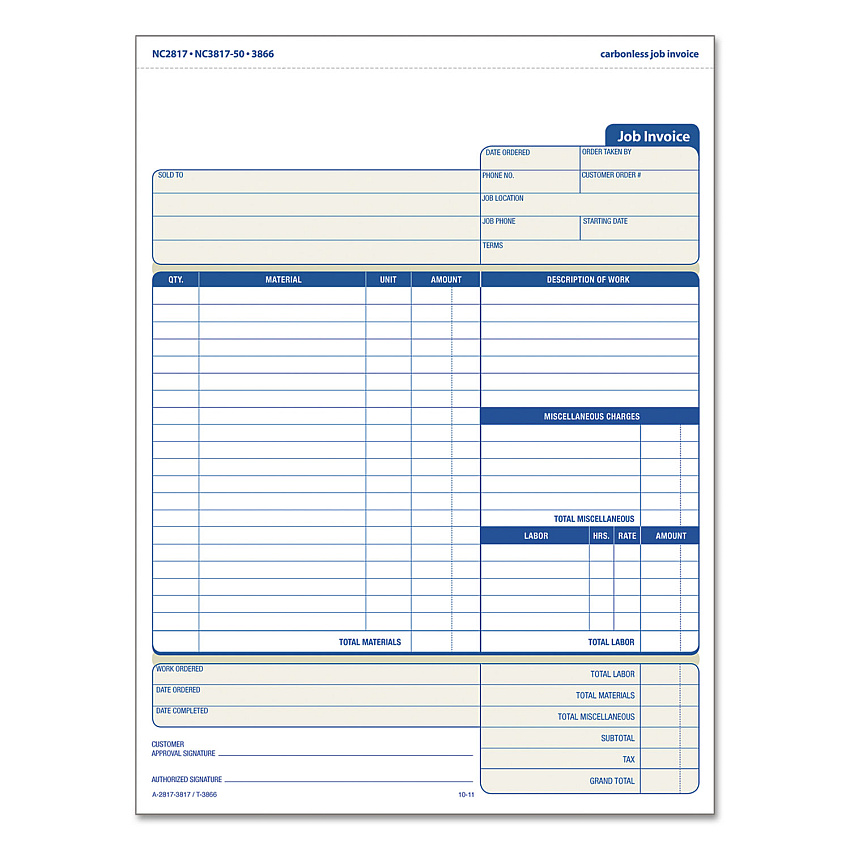 TOPS Job Invoice, Snap-Off Triplicate Form, Three-Part Carbonless, 8.5 x 11.63, 50 Forms Total (3866)