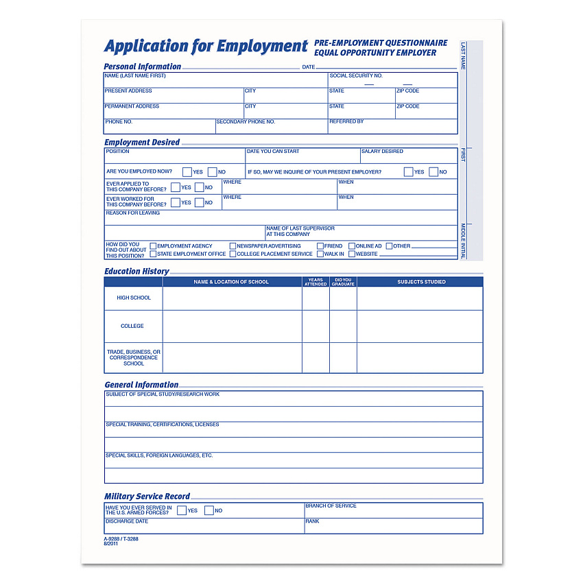 TOPS Comprehensive Employee Application Form, One-Part (No Copies), 17 x 11, 25 Forms Total (3288)
