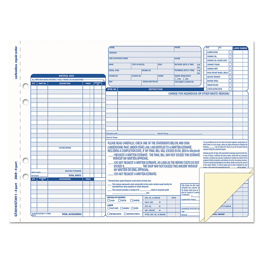 TOPS Auto Repair Four-Part Order Form, Four-Part Carbonless, 11 x 8.5, 50 Forms Total (3869)