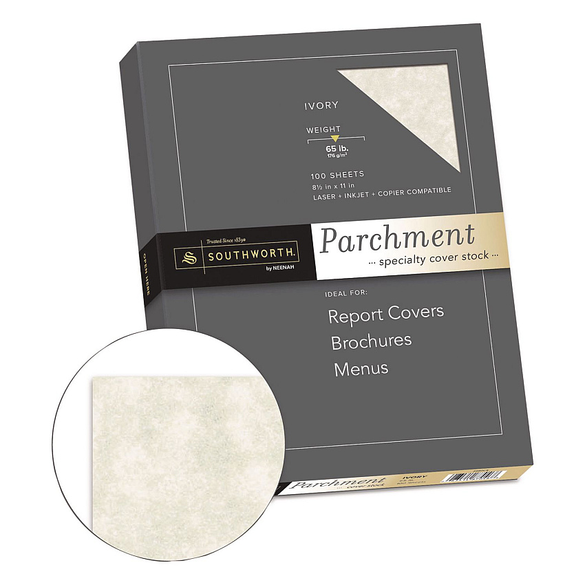 Southworth Parchment Specialty Paper, 65 lb Cover Weight, 8.5 x 11, Ivory, 100/Box (Z980CK)