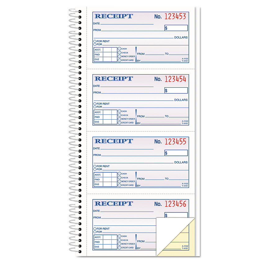 TOPS Spiralbound Money and Rent Receipt Book, Two-Part Carbonless, 4.75 x 2.75, 4 Forms/Sheet, 200 Forms Total (4161)