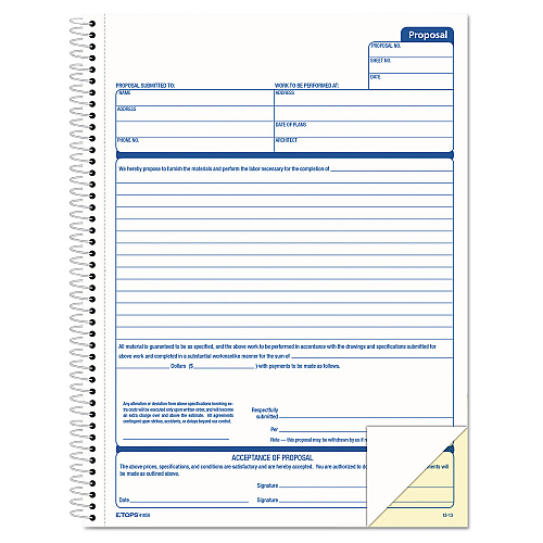 TOPS Spiralbound Proposal Form Book, Two-Part Carbonless, 11 x 8.5, 50 Forms Total (41850)