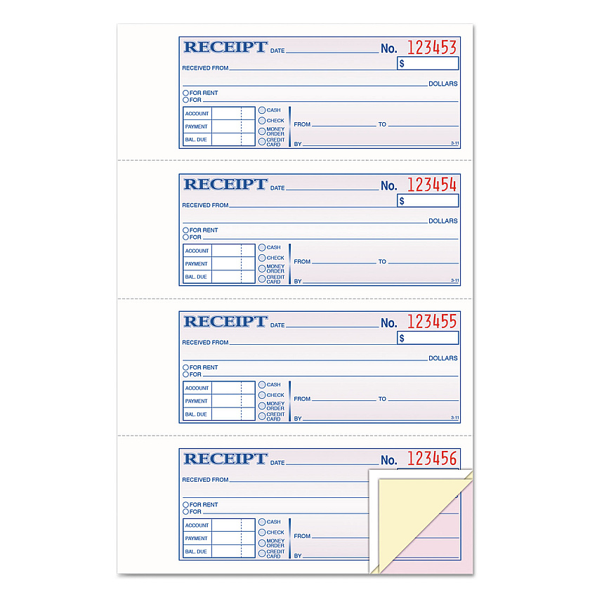 TOPS Money and Rent Receipt Book, Account + Payment Sections, Three-Part Carbonless, 7.13 x 2.75, 4 Forms/Sheet, 100 Forms Total (46808)