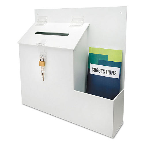 Deflecto Suggestion Box Literature Holder with Locking Top, 13.75 x 3.63 x 13.94, Plastic, White (79803)