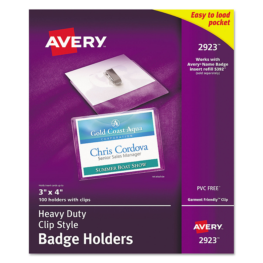 Avery Heavy-Duty Clip-Style Badge Holders, Horizontal, 4 x 3, Clear, 100/Box (2923)