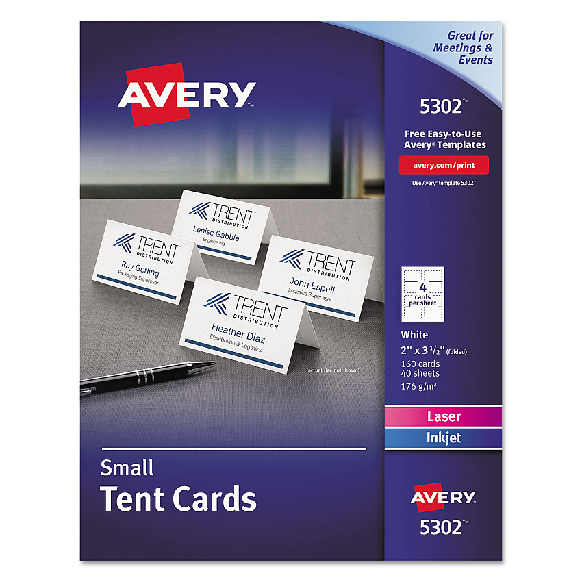 Avery Small Tent Card, White, 2 x 3.5, 4 Cards/Sheet, 40 Sheets/Pack (5302)