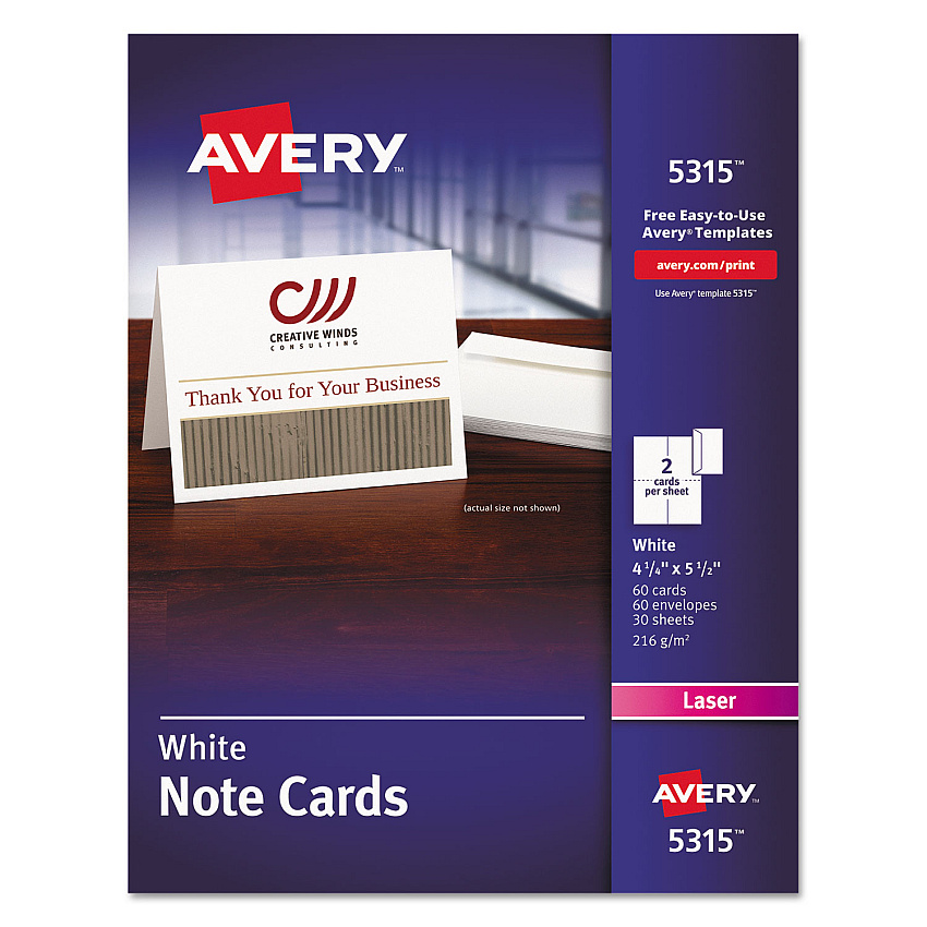 Avery Note Cards with Matching Envelopes, Laser, 80 lb, 4.25 x 5.5, Uncoated White, 60 Cards, 2 Cards/Sheet, 30 Sheets/Pack (5315)