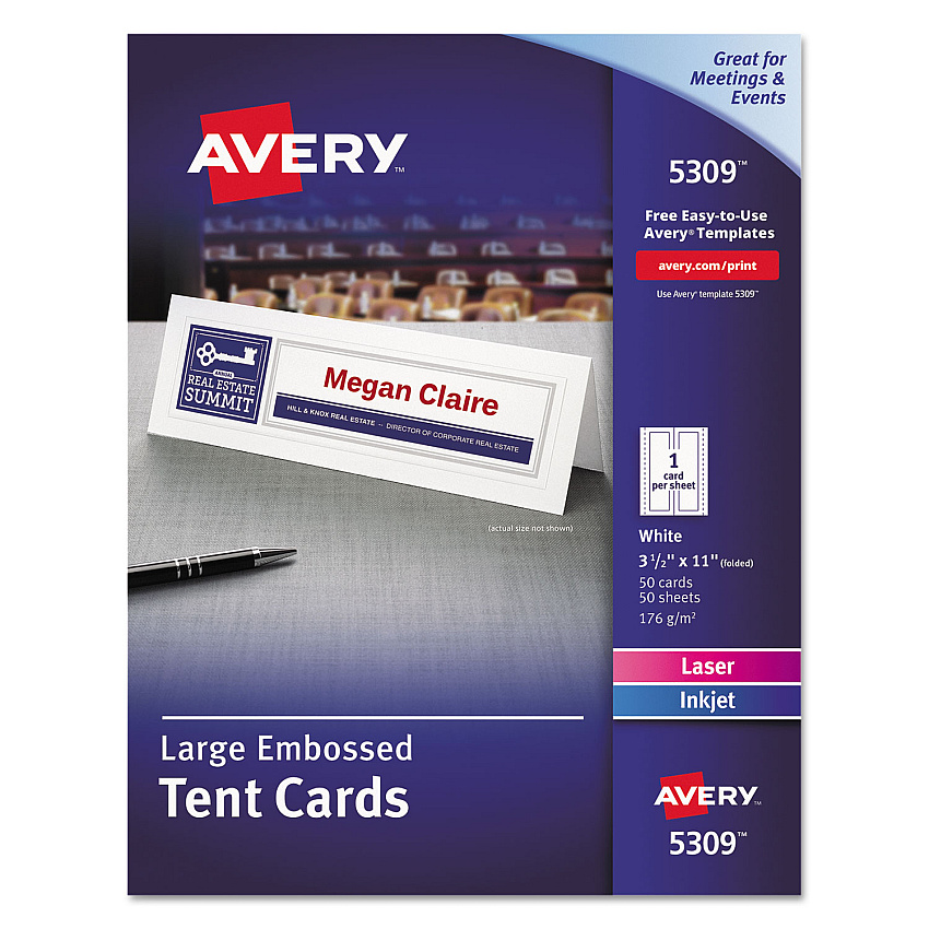 Avery Large Embossed Tent Card, White, 3.5 x 11, 1 Card/Sheet, 50 Sheets/Box (5309)