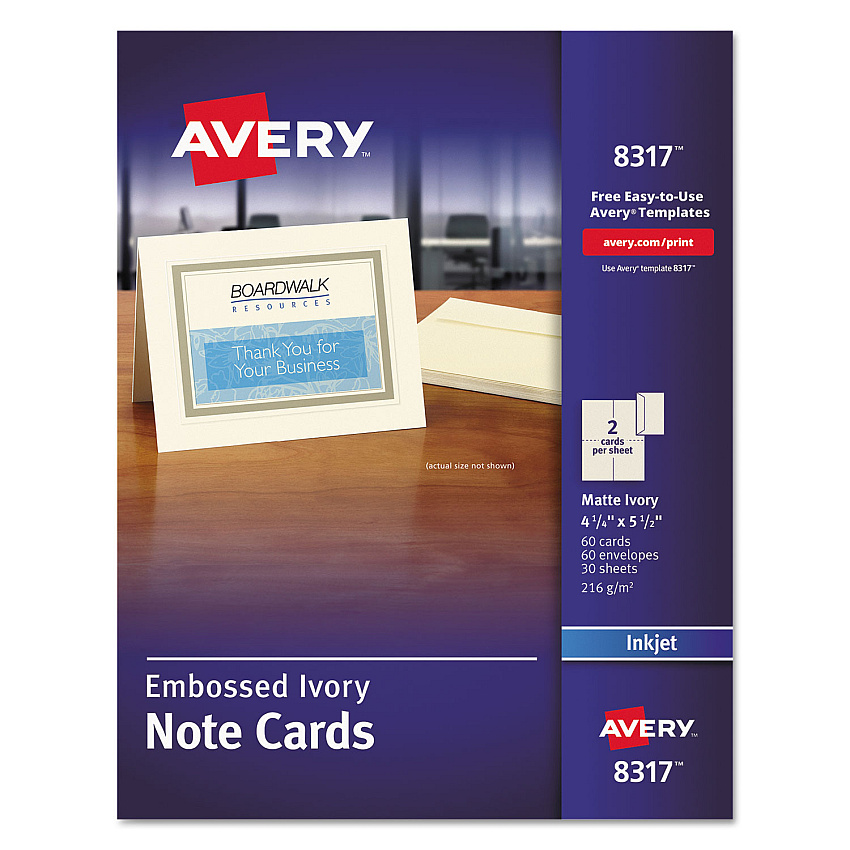 Avery Note Cards with Matching Envelopes, Inkjet, 80 lb, 4.25 x 5.5, Embossed Matte Ivory, 60 Cards, 2 Cards/Sheet, 30 Sheets/Pack (8317)
