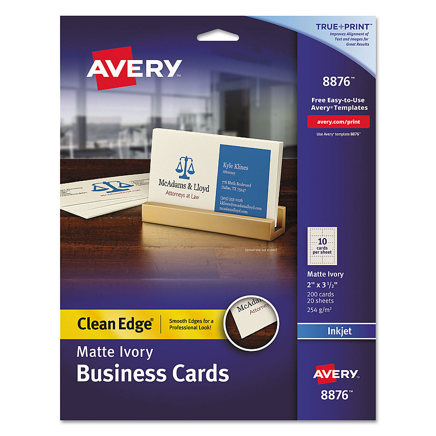Avery True Print Clean Edge Business Cards, Inkjet, 2 x 3.5, Ivory, 200 Cards, 10 Cards Sheet, 20 Sheets/Pack (8876)