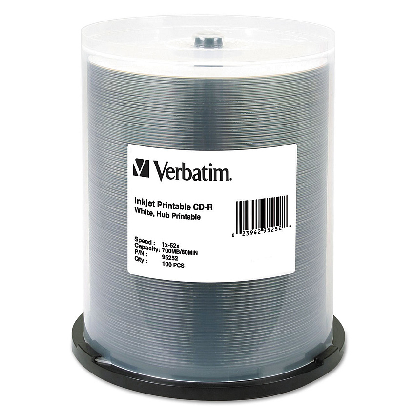 Verbatim CD-R Printable Recordable Disc, 700 MB, 52x, Spindle, White, 100/Pack (95252)
