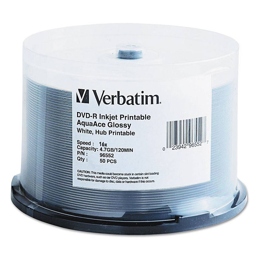 Verbatim AquaAce DVD-R, 4.7GB, 16X, Glossy Inkjet Printable, Hub Printable, 50/PK Spindle (96552)