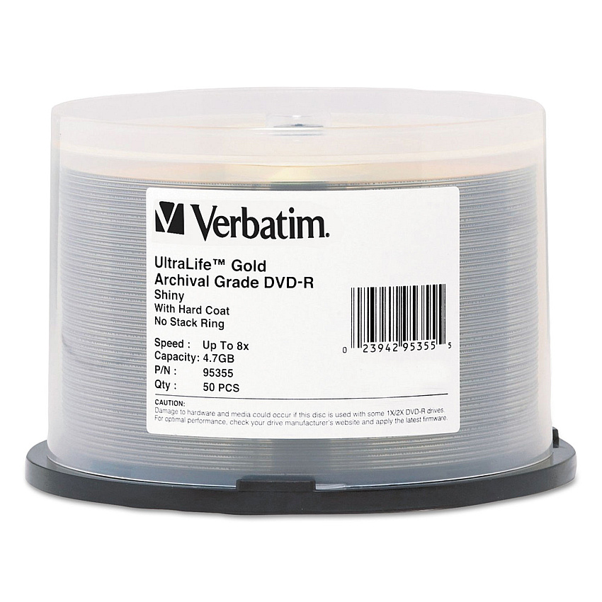 Verbatim UltraLife Gold Archival Grade DVD-R, 4.7 GB, 16x, Spindle, Gold, 50/Pack (95355)
