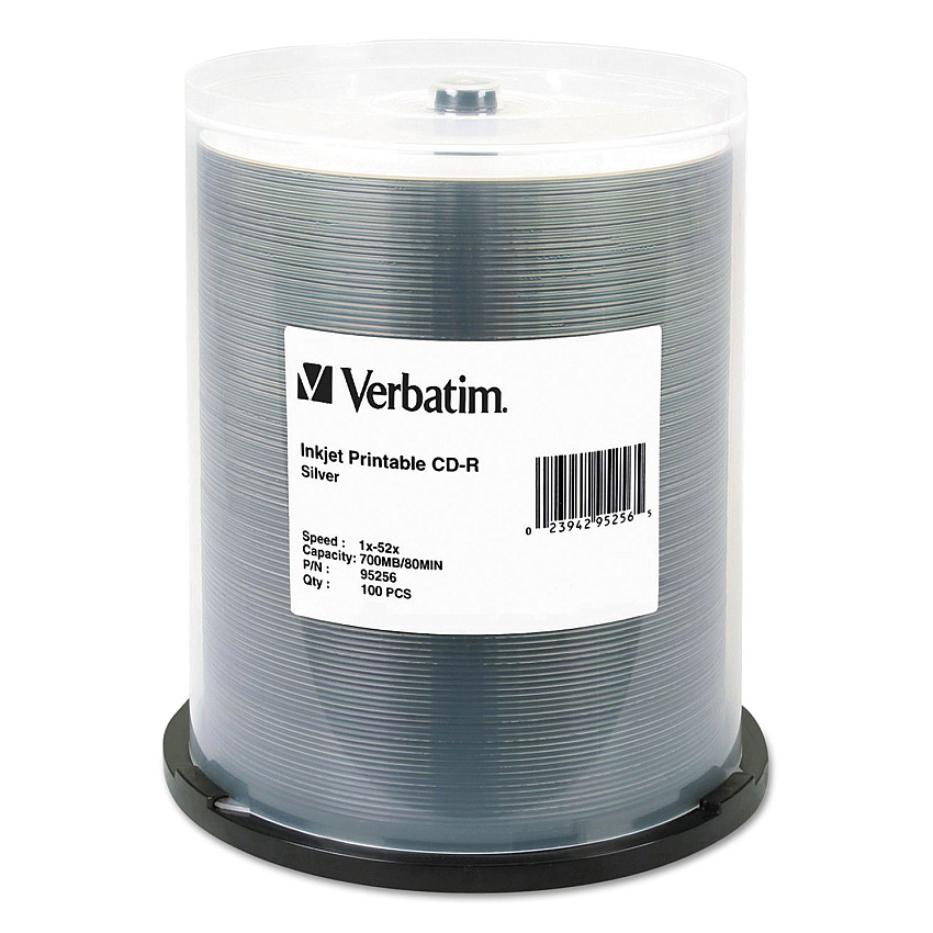 Verbatim CD-R Printable Recordable Disc, 700 MB/80 min, 52x, Spindle, Silver, 100/Pack (95256)