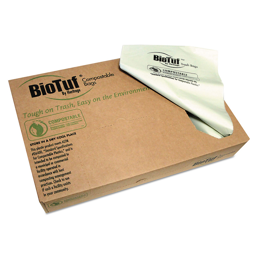 Heritage Biotuf Compostable Can Liners, 45 gal, 0.9 mil, 40" x 46", Green, 25 Bags/Roll, 5 Rolls/Carton (Y8046TER01)