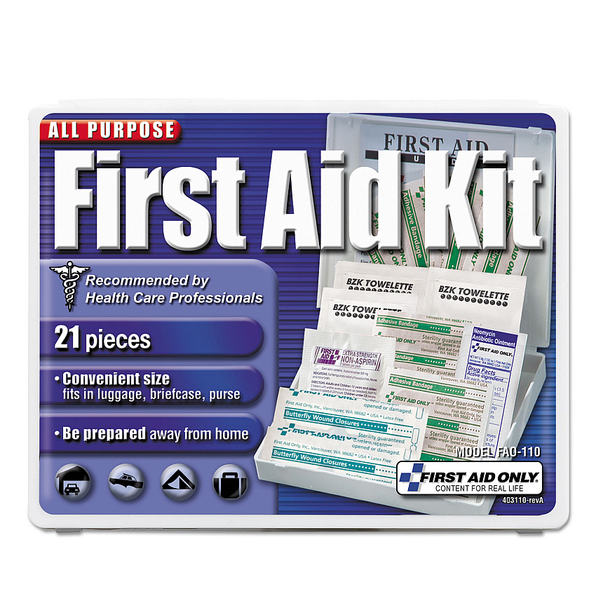 First Aid Only All-Purpose First Aid Kit, 21 Pieces, 4.75 x 3, Plastic Case (110)