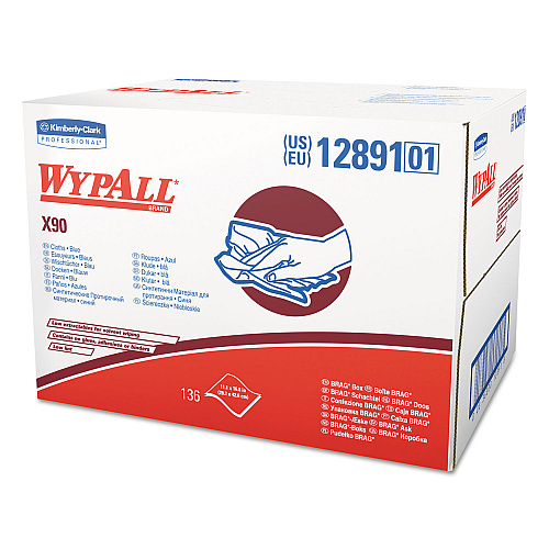 WypAll X90 Cloths, BRAG Box, 2-Ply, 11.1 x 16.8, Denim Blue, 136/Carton (12891)