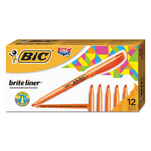 BIC Brite Liner Highlighter, Fluorescent Orange Ink, Chisel Tip, Orange/Black Barrel, Dozen (BL11OE)