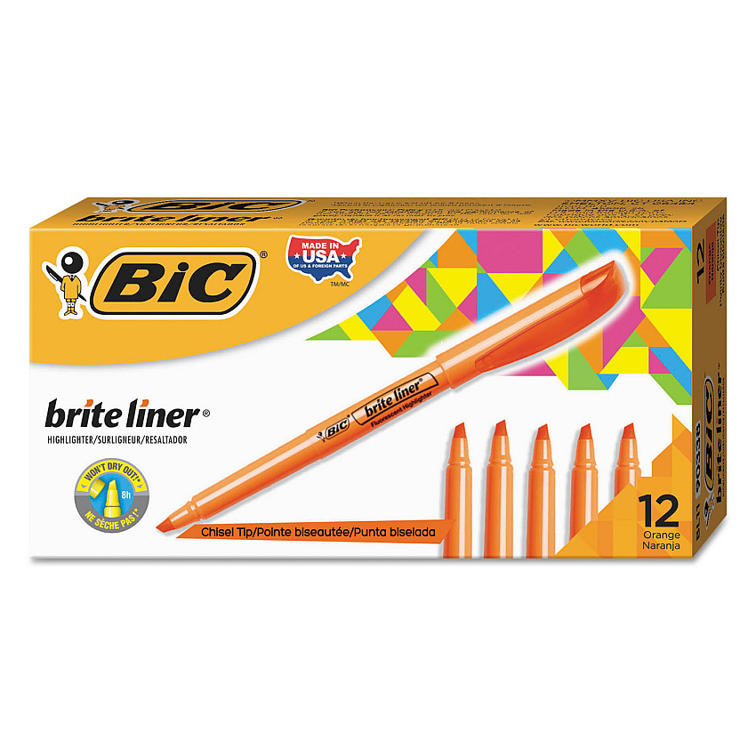 BIC Brite Liner Highlighter, Fluorescent Orange Ink, Chisel Tip, Orange/Black Barrel, Dozen (BL11OE)