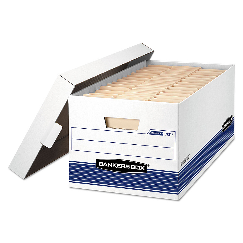 Bankers Box STOR/FILE Medium-Duty Storage Boxes, Letter Files, 12.88" x 25.38" x 10.25", White/Blue, 4/Carton (0070104)