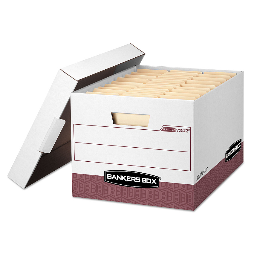Bankers Box R-KIVE Heavy-Duty Storage Boxes, Letter/Legal Files, 12.75" x 16.5" x 10.38", White/Red, 12/Carton (07242)