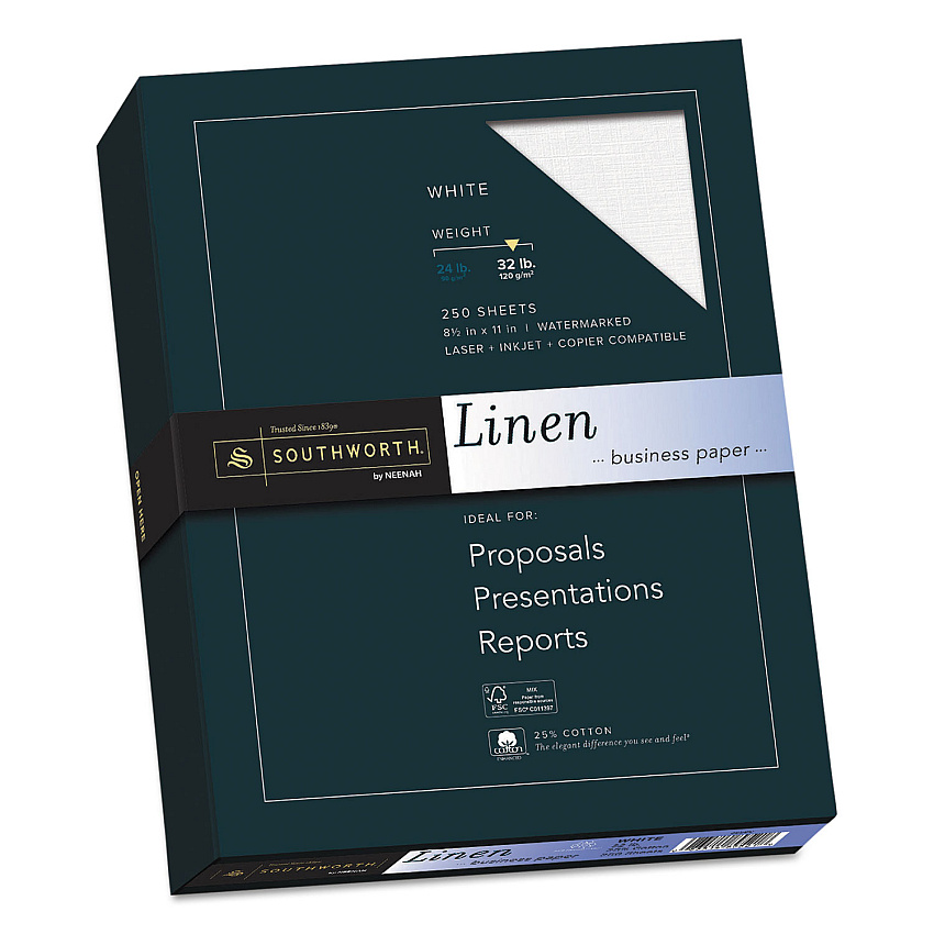 Southworth 25% Cotton Linen Business Paper, 32 lb Bond Weight, 8.5 x 11, White, 250/Pack (J558C)