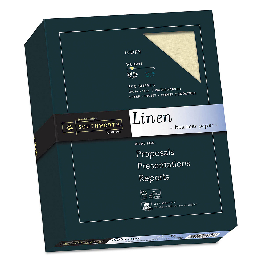 Southworth 25% Cotton Linen Business Paper, 24 lb Bond Weight, 8.5 x 11, Ivory, 500/Ream (564C)