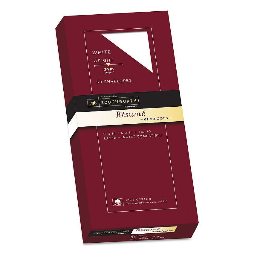 Southworth 100% Cotton Resume Envelope, #10, Commercial Flap, Gummed Closure, 4.13 x 9.5, White, 50/Box (R1410L)