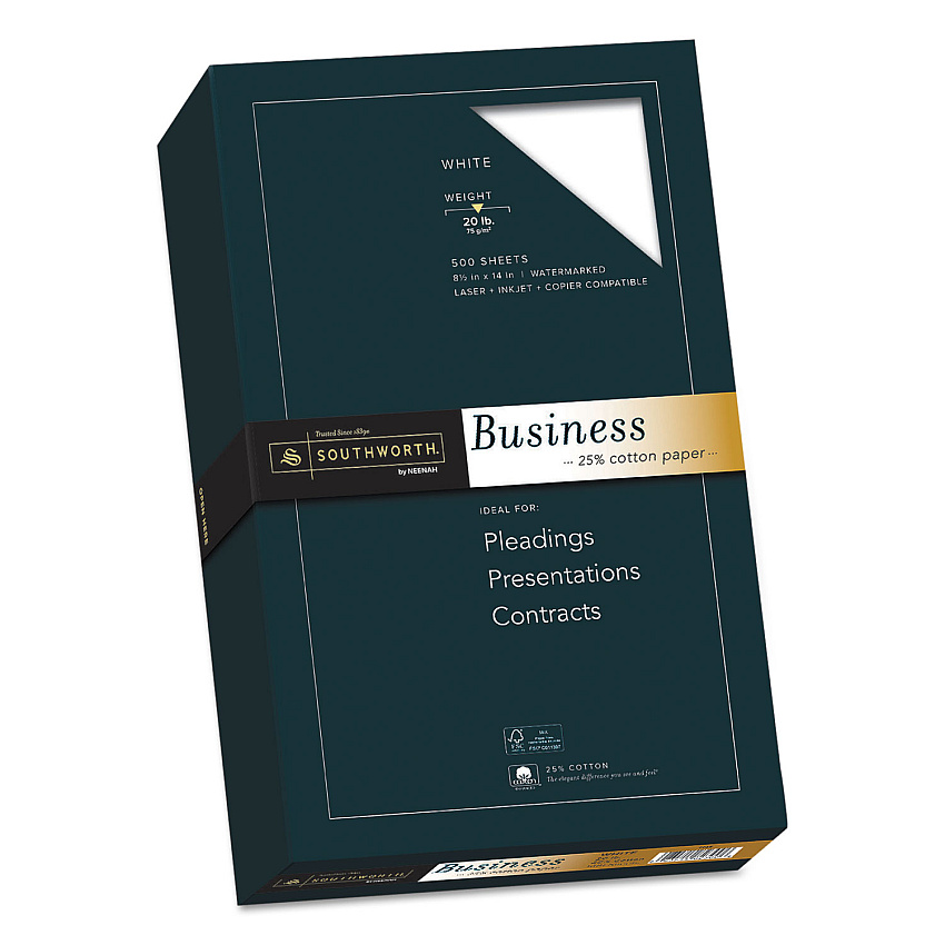 Southworth 25% Cotton Business Paper, 95 Bright, 20 lb Bond Weight, 8.5 x 14, White, 500 Sheets/Ream (403E)