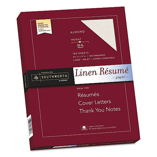 Southworth 100% Cotton Premium Weight Linen Resume Paper, 32 lb Bond Weight, 8.5 x 11, Almond, 100/Pack (RD18ACFLN)