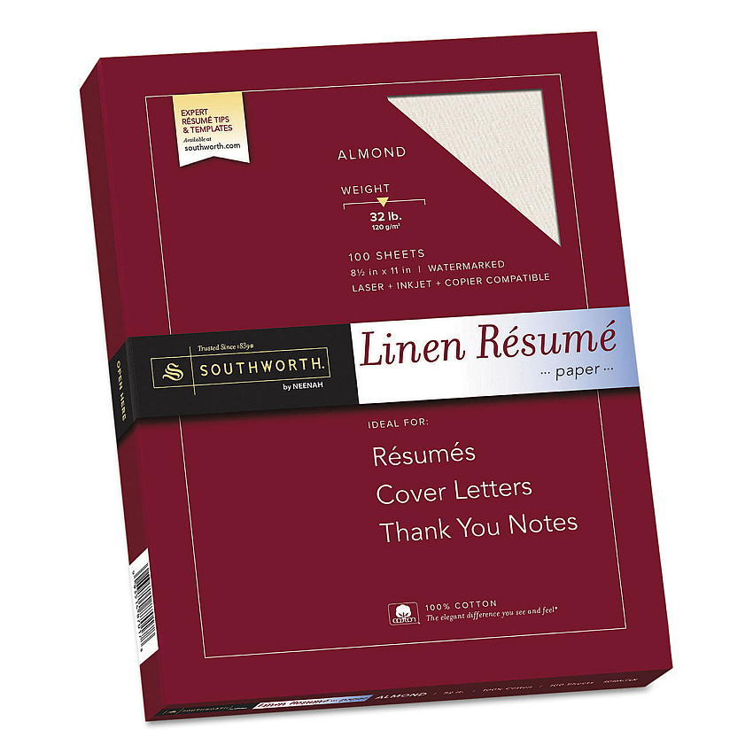 Southworth 100% Cotton Premium Weight Linen Resume Paper, 32 lb Bond Weight, 8.5 x 11, Almond, 100/Pack (RD18ACFLN)