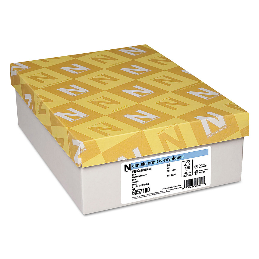 Neenah Paper CLASSIC CREST #10 Envelope, Commercial Flap, Gummed Closure, 4.13 x 9.5, Baronial Ivory, 500/Box (6557100)