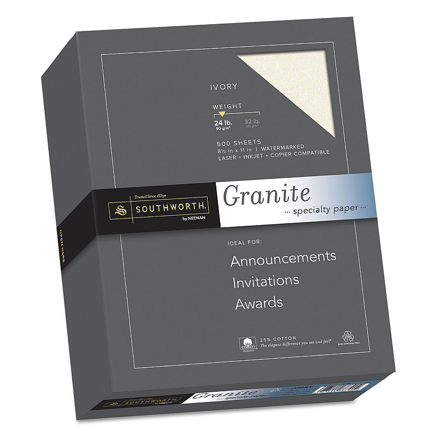 Southworth Granite Specialty Paper, 24 lb Bond Weight, 8.5 x 11, Ivory, 500/Ream (934C)