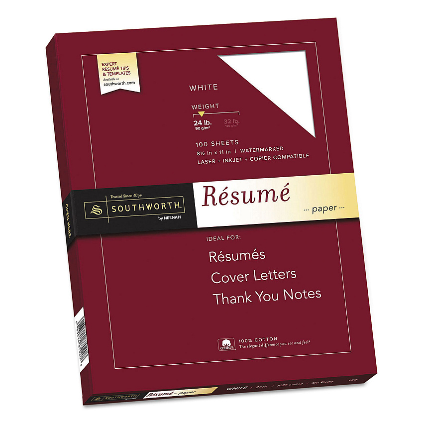 Southworth 100% Cotton Resume Paper, 95 Bright, 24 lb Bond Weight, 8.5 x 11, White, 100/Pack (R14CF)