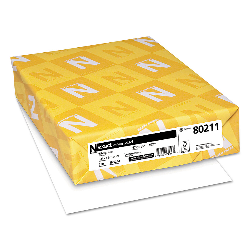 Neenah Paper Exact Vellum Bristol Cover Stock, 94 Bright, 67 lb Bristol Weight, 8.5 x 11, White, 250/Pack (80211)