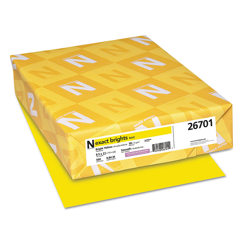 Neenah Paper Exact Brights Paper, 20 lb Bond Weight, 8.5 x 11, Bright Yellow, 500/Ream (26701)