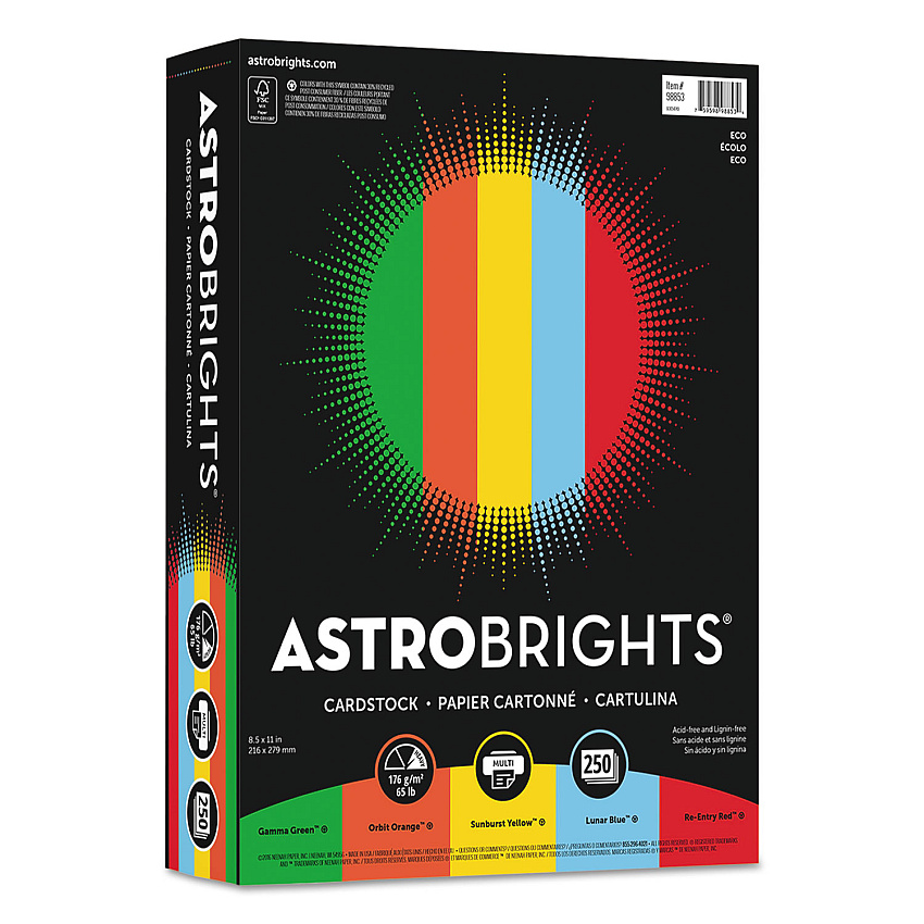 Astrobrights Color Cardstock -"Eco" Assortment, 65 lb Cover Weight, 8.5 x 11, Assorted, 250/Pack (98853)