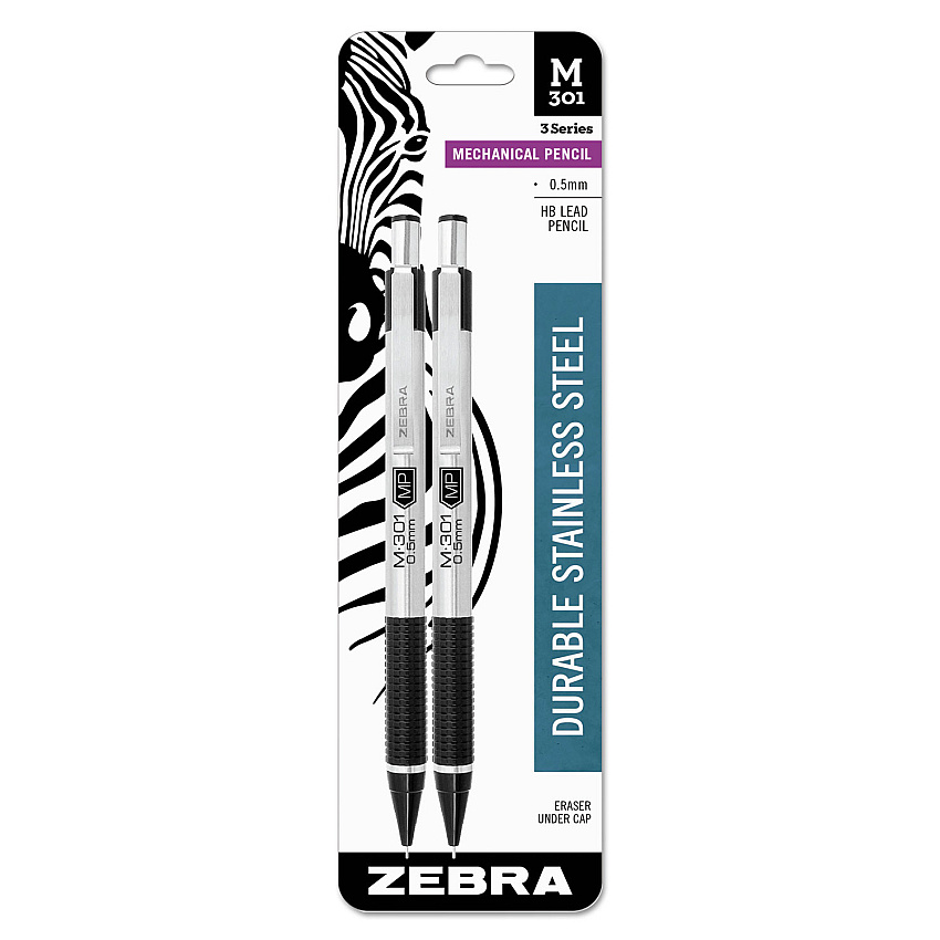 Zebra M-301 Mechanical Pencil, 0.5 mm, HB (#2), Black Lead, Silver/Black Barrel, 2/Pack (54012)