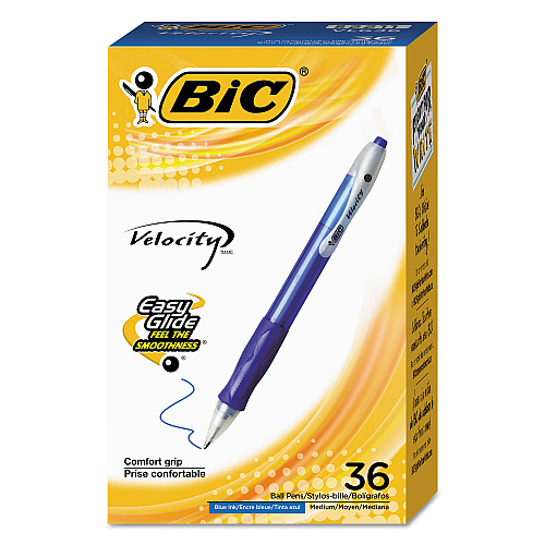BIC Velocity Easy Glide Ballpoint Pen Value Pack, Retractable, Medium 1 mm, Blue Ink, Translucent Blue Barrel, 36/Pack (VLG361BE)