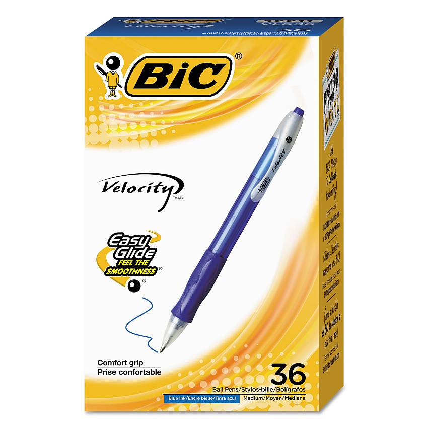 BIC Velocity Easy Glide Ballpoint Pen Value Pack, Retractable, Medium 1 mm, Blue Ink, Translucent Blue Barrel, 36/Pack (VLG361BE)
