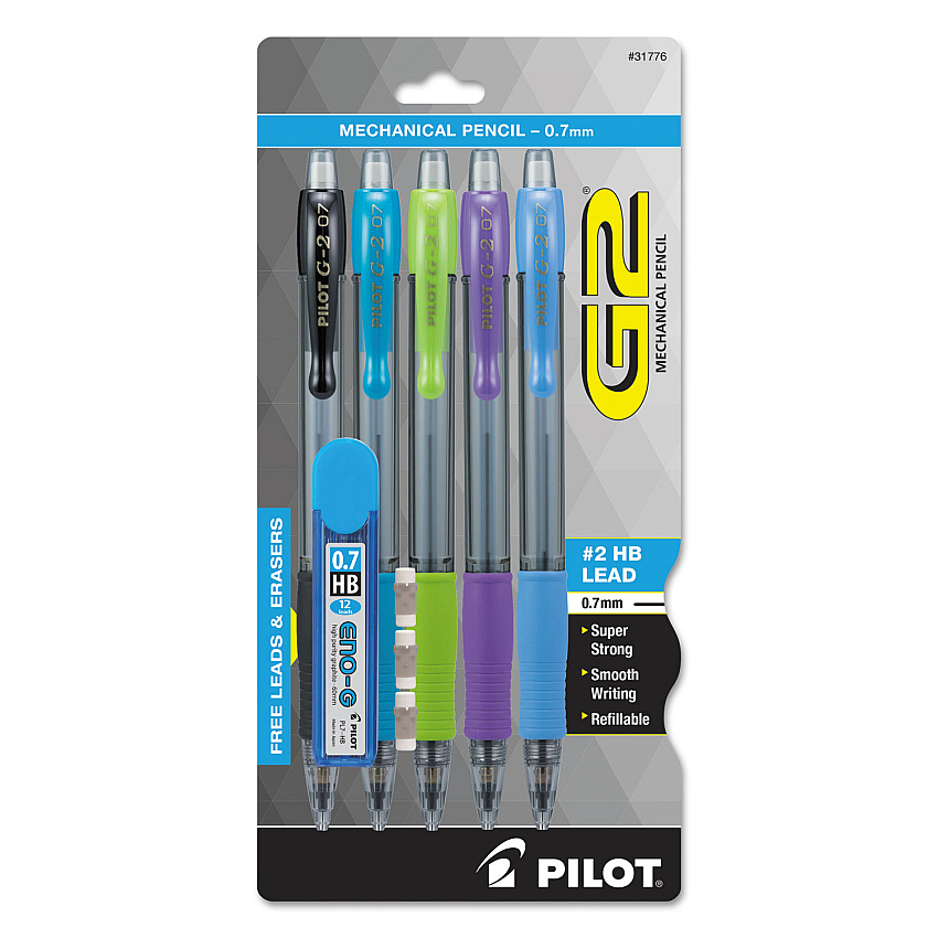 Pilot G2 Mechanical Pencil, 0.7 mm, HB (#2), Black Lead, Assorted Barrel Colors, 5/Pack (31776)