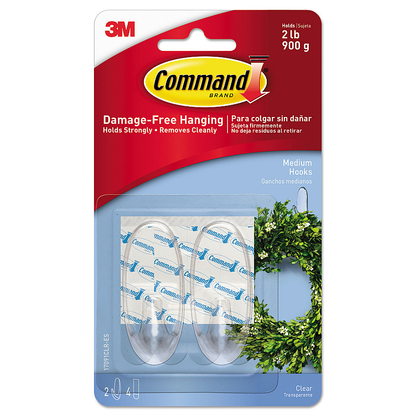 Command Clear Hooks and Strips, Medium, Plastic, 2 lb Capacity, 2 Hooks and 4 Strips/Pack (17091CLRES)