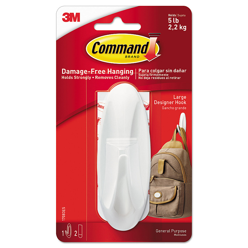Command General Purpose Hooks, Large, Plastic, White, 5 lb Capacity, 1 Hook and 2 Strips/Pack (17083ES)
