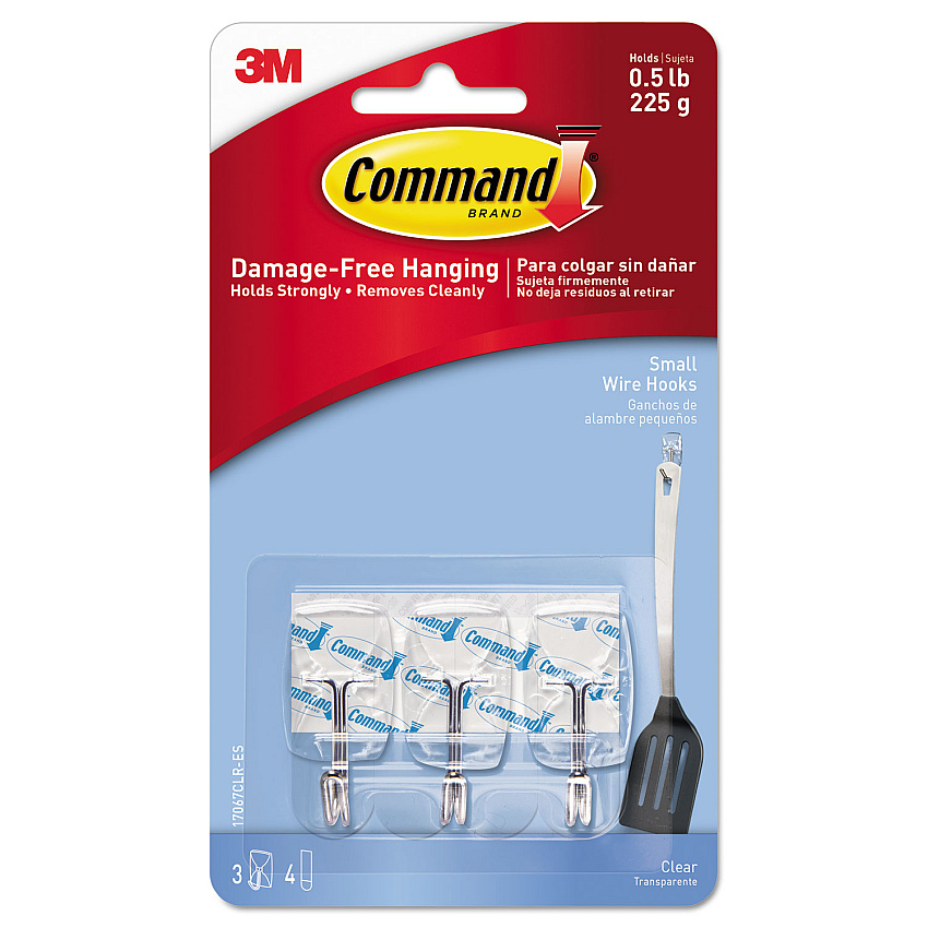 Command Clear Hooks and Strips, Small, Plastic/Metal, 0.5 lb Capacity, 3 Hooks and 4 Strips/Pack (17067CLRES)