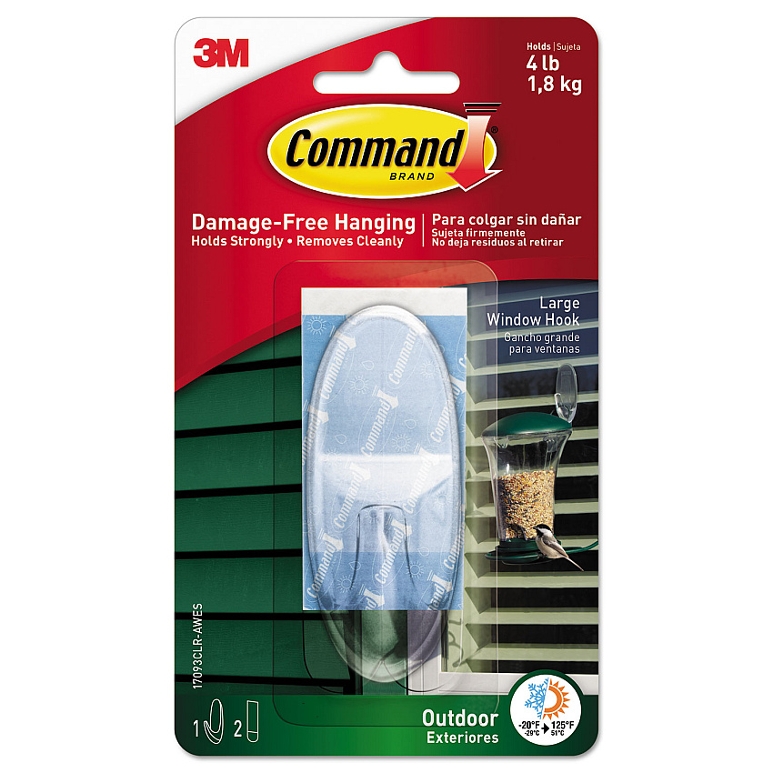 Command All Weather Hooks and Strips, Large, Plastic, Clear, 4 lb Capacity, 1 Hook and 2 Strips/Pack (17093CLRAWES)