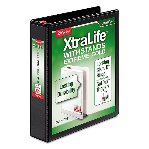 Cardinal XtraLife ClearVue Non-Stick Locking Slant-D Ring Binder, 3 Rings, 1.5" Capacity, 11 x 8.5, Black (26311)