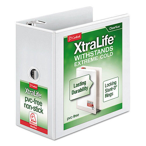 Cardinal XtraLife ClearVue Non-Stick Locking Slant-D Ring Binder, 3 Rings, 6" Capacity, 11 x 8.5, White (26360)